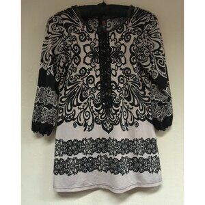 Vintage ANAC Designed by Kimi Womens Tan Black Print Lace 3/4 Sleeve Top Casual